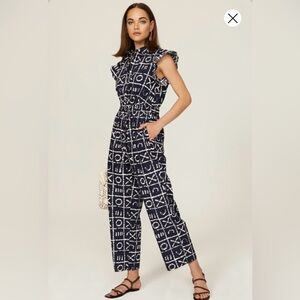 EUC Busayo Collective Navy Blue Geometric Ruffle Jumpsuit Sz 10 Med $475 BOHO